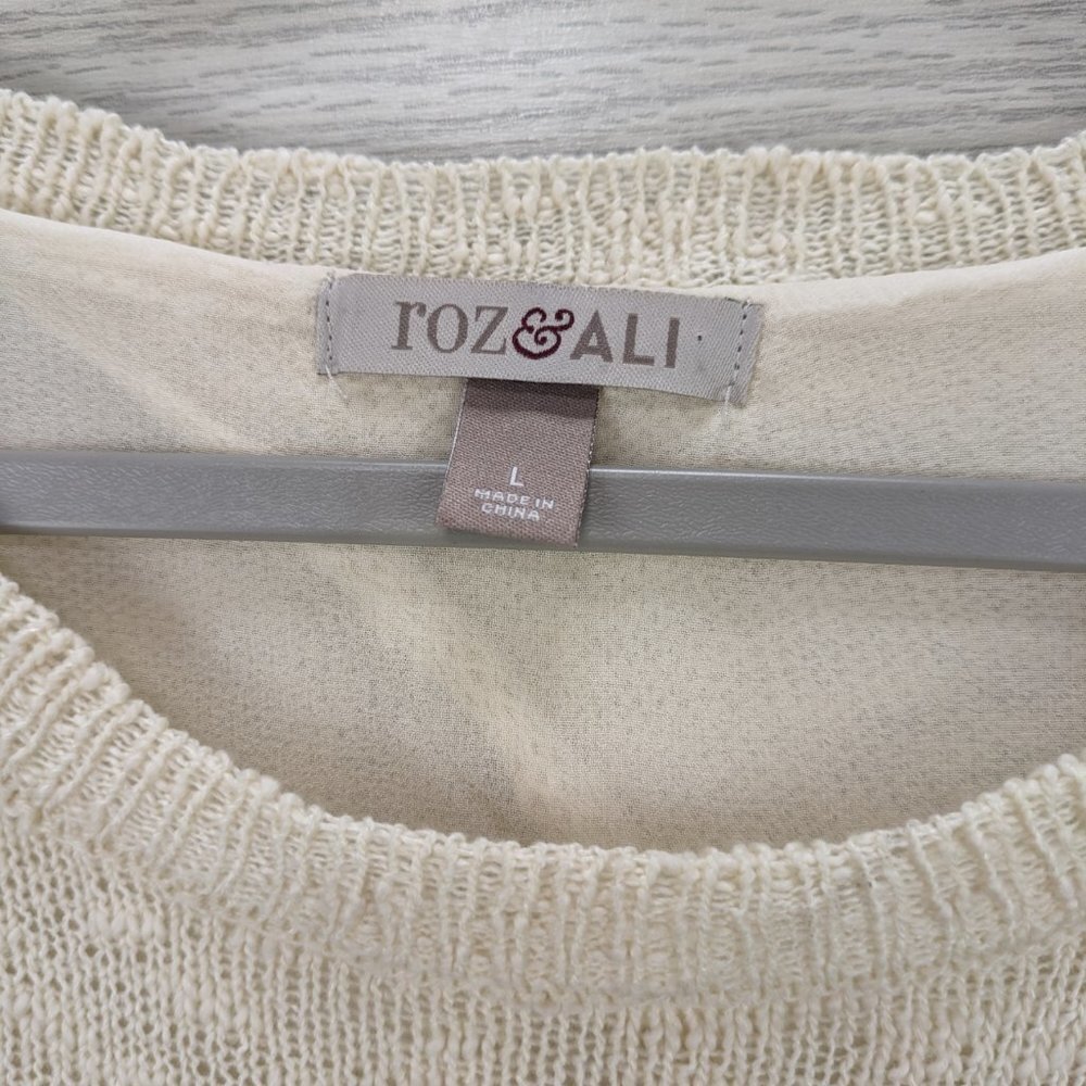 Roz & Ali Cream Crochet Knit Chiffon Trim Sweater - Picture 4 of 8